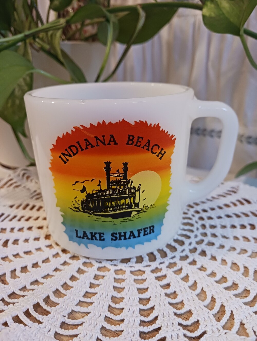 Vintage Indiana Beach Lake Shafer Anchor Hocking Milk Glass Mug Collectible EUC